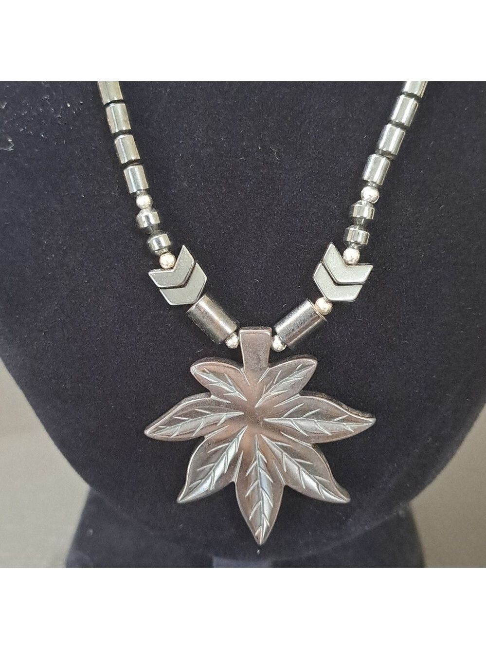 Hematite Weed Pot Leaf Necklace with Barrel Closure